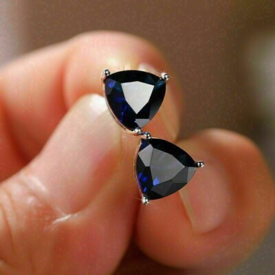 Trillion Cut Simulated Sapphire Stunning Stud Earrings In 14K White Gold Plated