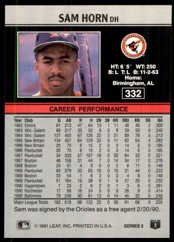 1991 Leaf Sam Horn Baseball Cards #332 - Picture 2 of 2