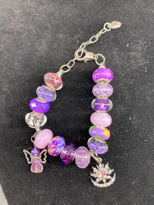 Handmade Adjustable Beaded Bracelet, Angel Charm  Purple