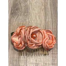 HANDMADE SIDE METAL HAIR COMB FLOWERS PEACH BRIDAL RHINESTONE