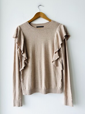 Abercrombie Fitch Pullover Sweater Long Sleeve Ruffle Shoulder Beige  Womens XS - Main Image