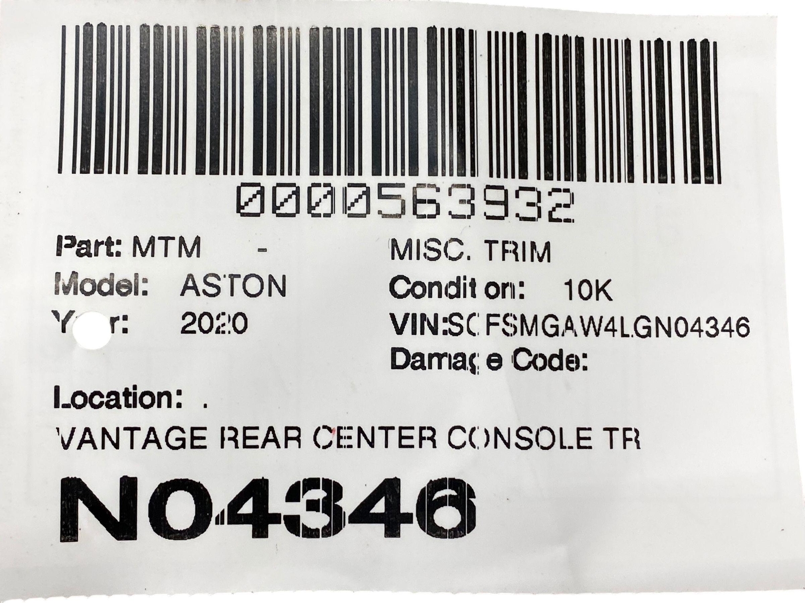 2019 - 2023 ASTON MARTIN VANTAGE REAR CENTER CONSOLE TRIM PANEL OBSIDIAN BLACK