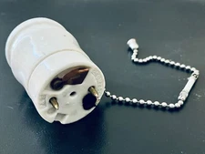 Antique Pass & Seymour P&S White Porcelain Electrical Socket w/Pull Chain, Clean