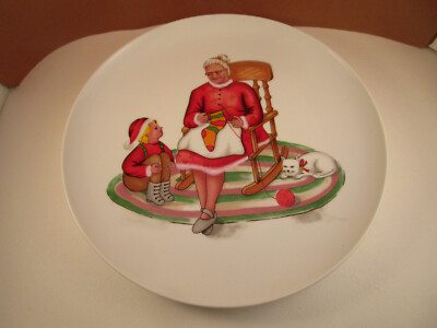 Vintage Unmarked Christmas Grandma Knitting Stocking Decorative Plate