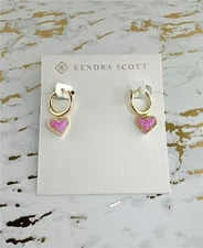 NEW Kendra Scott Ari Heart Huggie Gold Earrings in Bubblegum Pink Kyocera Opal