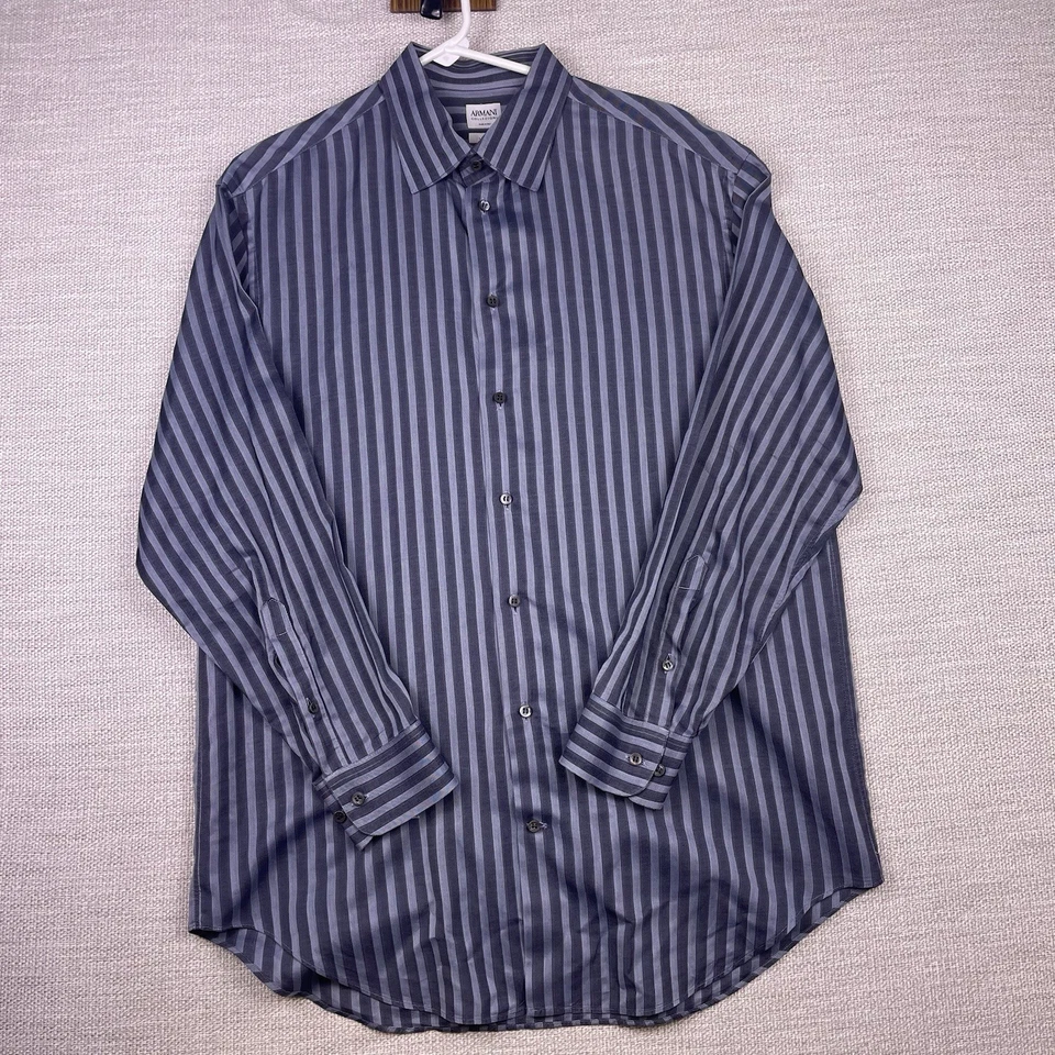 Camisa Armani Collezioni L Para Hombres L/S Abotonada Azul Gris Rayas Lujosa En muy buen estado Foto 2 de 4