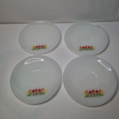 Vintage Fire King Milk Glass, Rose, Tulips and Orange Daisy Saucers (4)