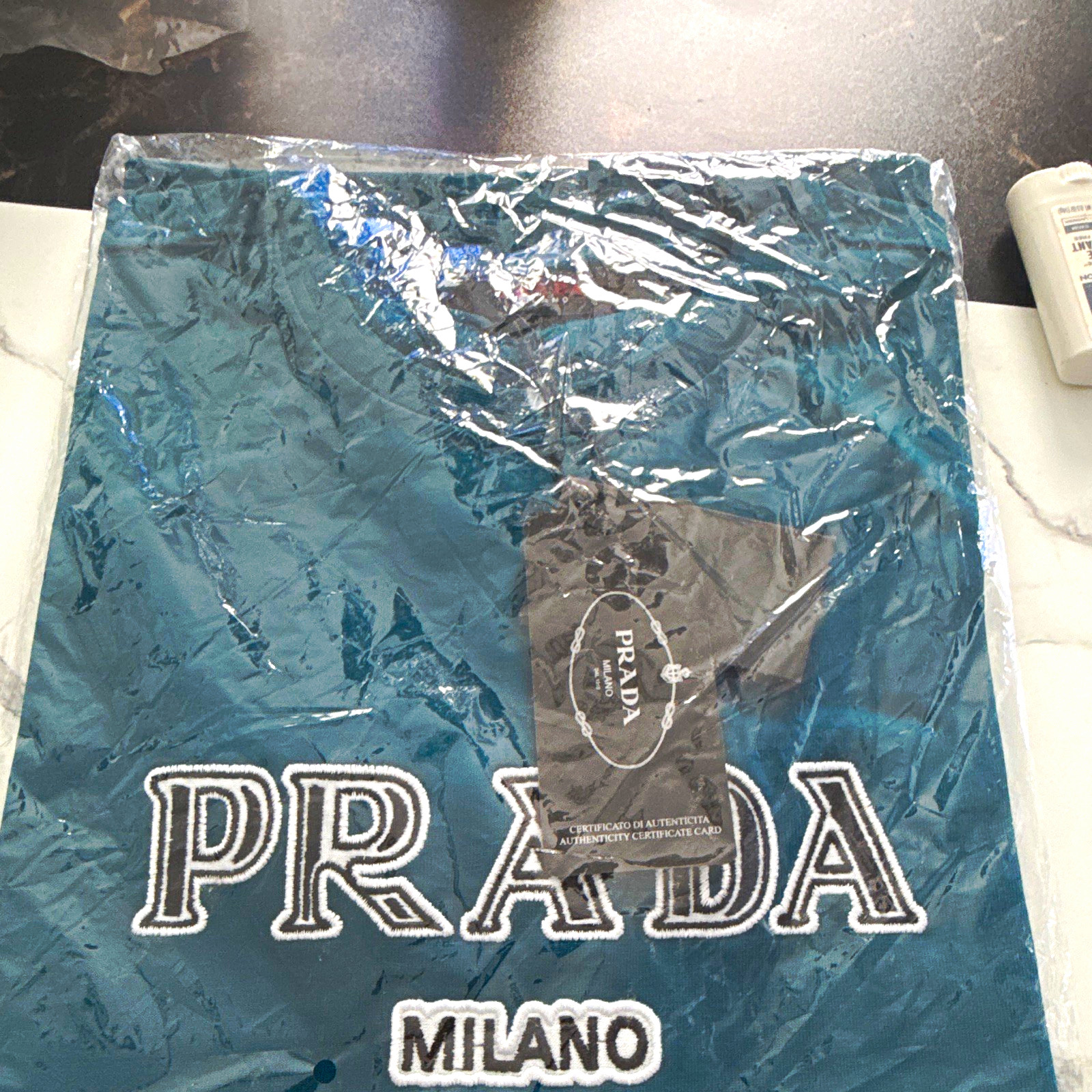 PRADA Milano Men’s Blue Pullover Hoodie M Cotton Fleece Embroidered Logo NWT