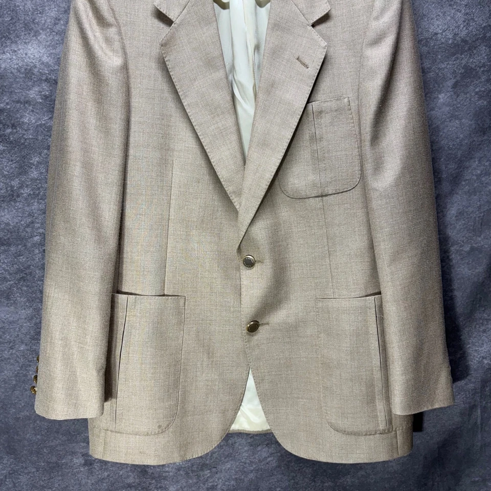 Винтажный Lanvin Blazer куртка мужская 38 40 бежевый золотой кнопки нашивка карман шелк лен - Изображение 3 из 4