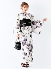 Authentic Japanese Yukata 2pc Set Cotton Chic Chrysanthemum Gold Lame White New