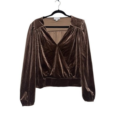 Evereve Brown Velvet Wrap Top Women Size L Holiday Fall Layering Long Sleeve