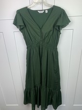 Lands End M Midi Dress Green Tiered Ruffle Boho Western Hippie Button