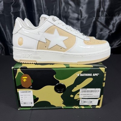 A Bathing Ape BAPE STA Beige White Patent Leather Sneakers 1K80191306 Mens 9 NEW
