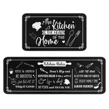 Black Kitchen Rugs And Mats Non Skid Washable, Quotes Kitchen Mat Set Of 2 De...