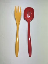 Vintage Mepal-Melamine HutZler Denmark Rosti Yellow Fork, Red/orange Spoon