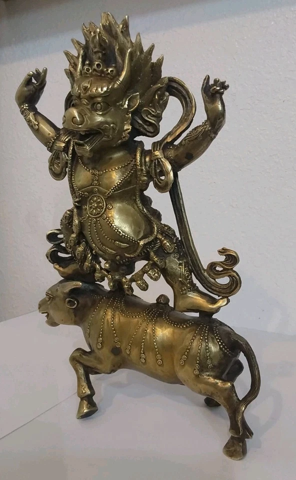 Antigua Escultura Yamantaka de Bronce Dorado-Bodhisattva de la Sabiduría 11 X 7,5 X 3 Foto 3 de 4
