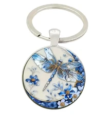 Dragonfly Keychain Blue Floral White Porcelain Style Art Pendant Gift Nature
