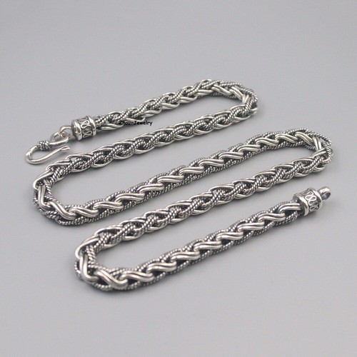 Real S925 Sterling Silver Chain 7mm Braided Wheat Link Necklace 88-89g 23.6inchL - Picture 4 of 8