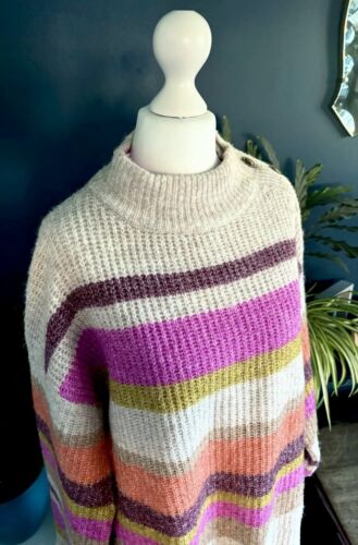 White Stuff Pink Mustard Orange Stripe Wool Blend Knit Jumper Size 16 Button - Picture 9 of 15