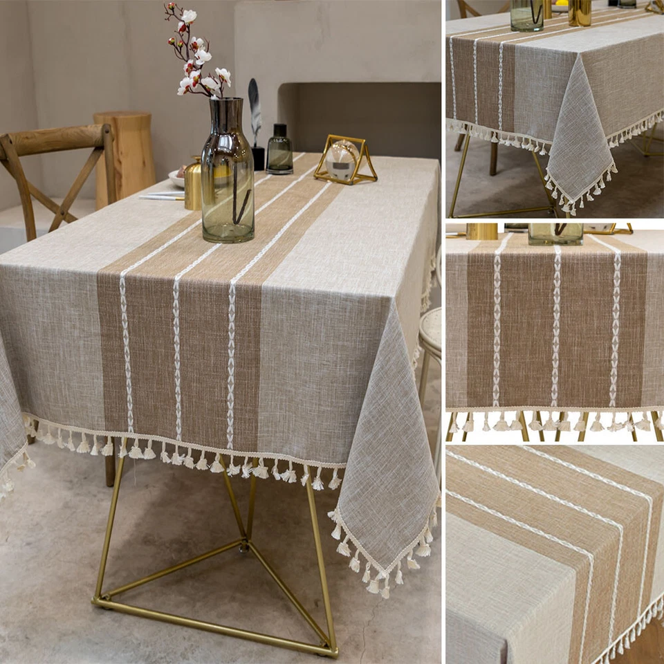 Rectangle Striped Tablecloth Striped Tassel Table Cloth Home Dust Cover - Image 4 of 4