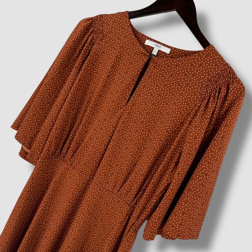 NEXT Damen rostbraun gepunktetes Midikleid Schlüssellochausschnitt Flatterärmel UK 12 - Bild 2 von 9