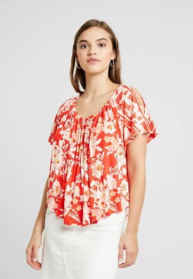 Free People Baja Babe geblümtes Sommer-T-Shirt Top, rot, Small, UVP 98 $