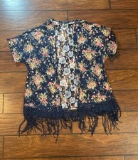 Women Size Small Kimono Blue Lace Floral Fringe Boho Romantic Cottage Fairy Chic