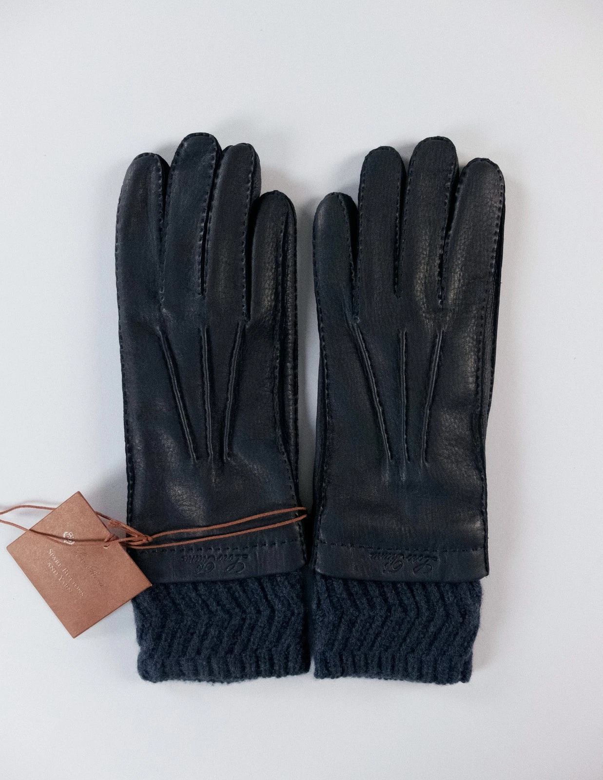 LORO PIANA navy blue deer leather & baby cashmere gloves Size Medium authentic