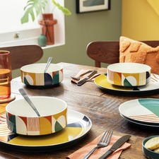 Habitat Geo Decal 12pc Dinner Set Plates Bowls Set for 4 Multicolour