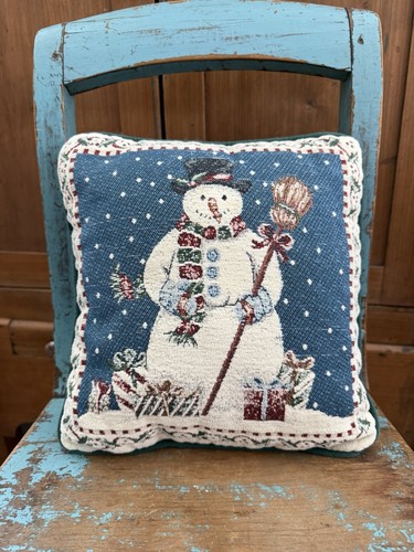 Vintage Snowman Tapestry Pillow 11” Christmas Holiday Decor Blue Dark Green