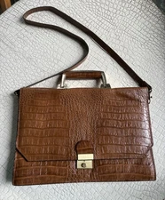 VTG Andrew Geller Handbag Croc Embossed Leather Brown Shoulder Bag Attache Brass