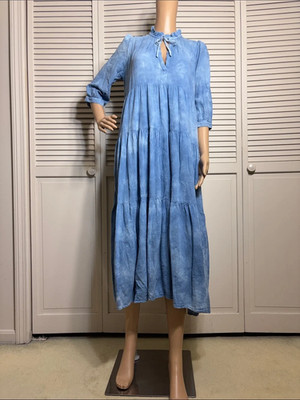 Honorine Light Blue Tie Dye Tie-Neck Tiered Midi Cotton Lightweight Dress Small