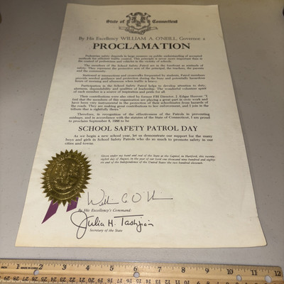 1986 Official Connecticut Governor  ONeill Proclamation School Safety Patrol Day