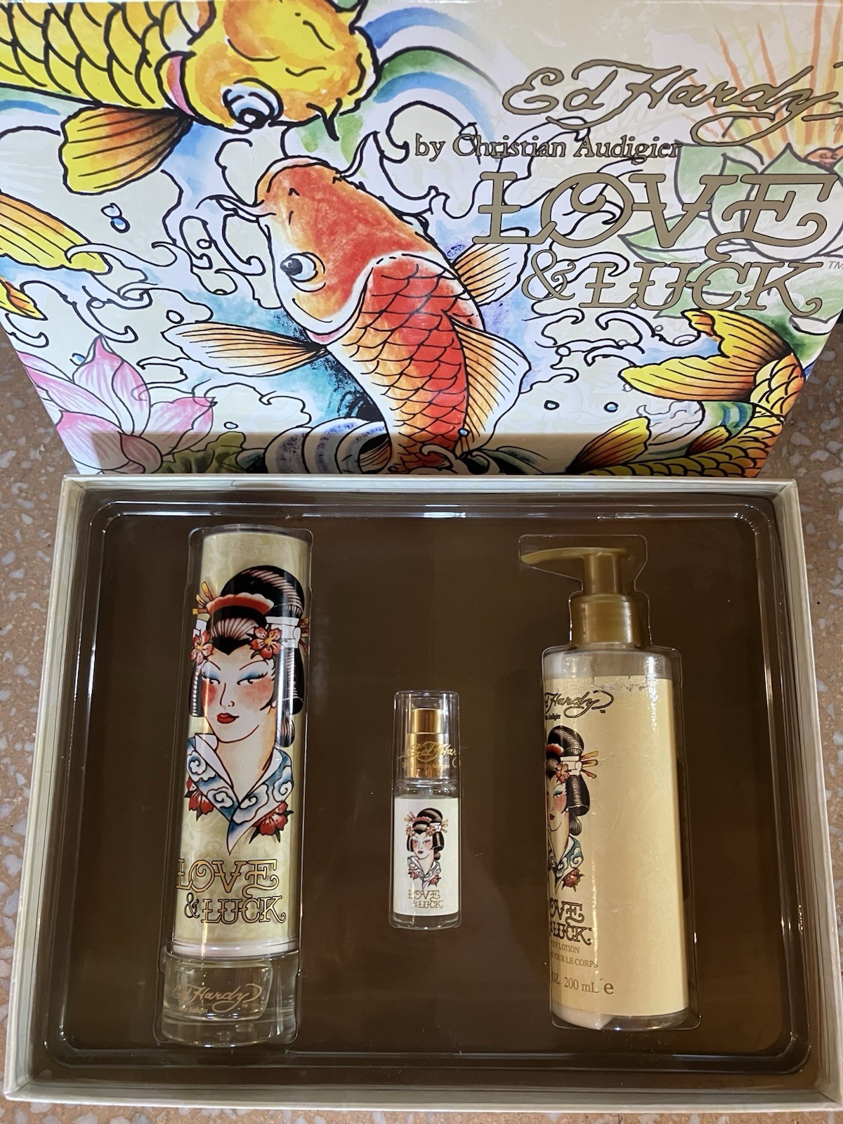 Vintage Ed Hardy Love & Luck Koi Fish Fragrance Box Set, Perfume Collectable