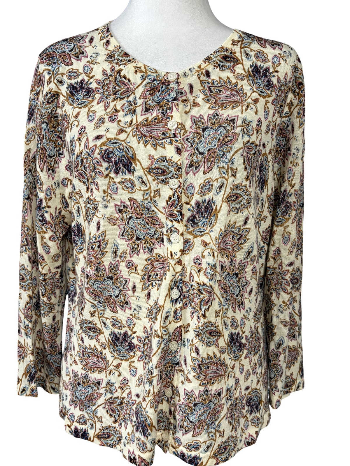 Garnet Hill Cardigan Sweater Womens L White Merino Wool Floral Button Front