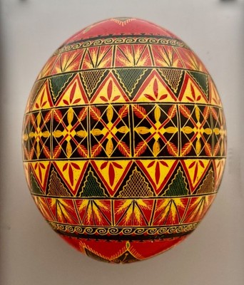 Ostrich Pysanka Easter Egg Geometric Style, Batik Wax Resist Technic Dyed