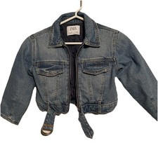 Girls Size 6-7 Zara Denim Jacket Attached Belt At Waist.quilted Lining, Zipper