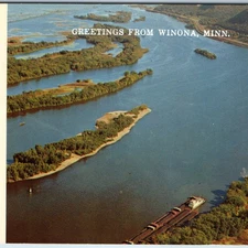 c1960s Winona, Minn. Greetings Birds Eye Mississippi River Freight Ship PC A236