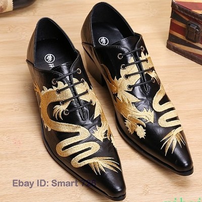 Fashion Men's Dragon Embroidery Lace Up Derby Shoes Clubwear Cuban Heel Banquet