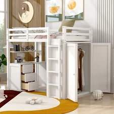 Wood Bed Frame Twin size Loft Bed with Drawers,Desk,and Wardrobe Bedroom White