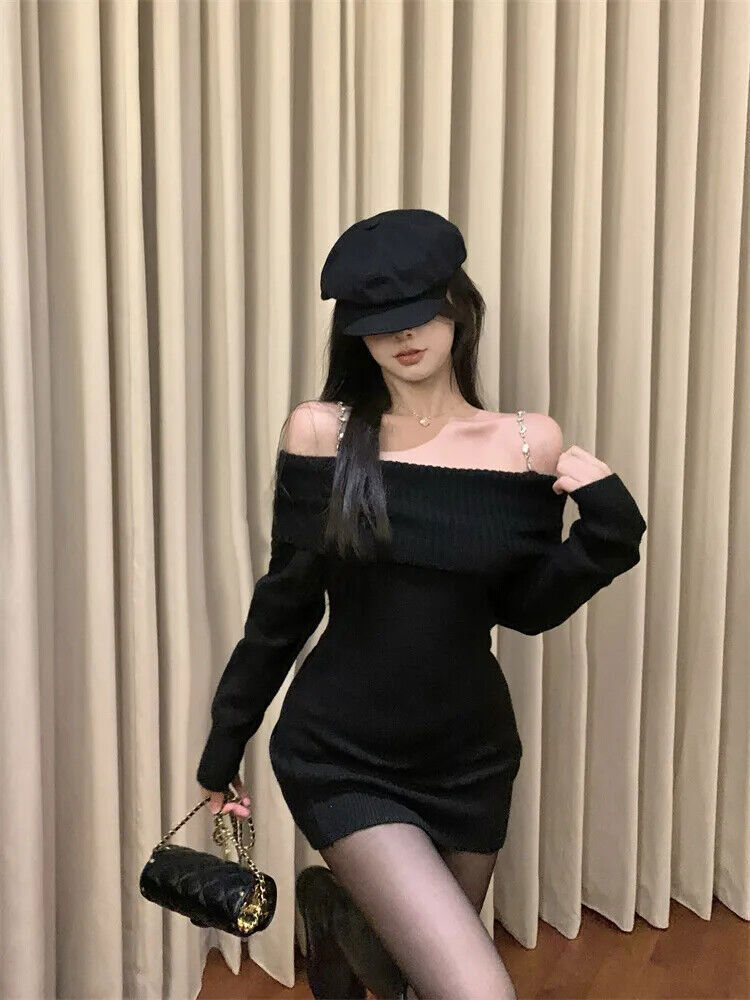 New Straight Slash Neck Slim Knit Dress Sweater Wrap Hip Short Chains  Dresses | eBay