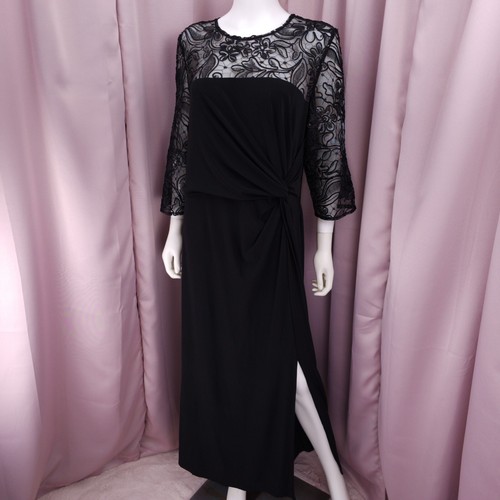 '90s Y2K Alex Evenings Women's Black 3/4 Sleeve Ruched Slit Evening Dress 16W - Picture 2 of 10