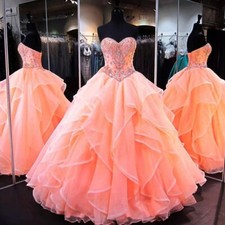Ball Gown Quinceanera Dresses Beaded Ruffles Strapless Tulle Prom Sweet 16 Dress