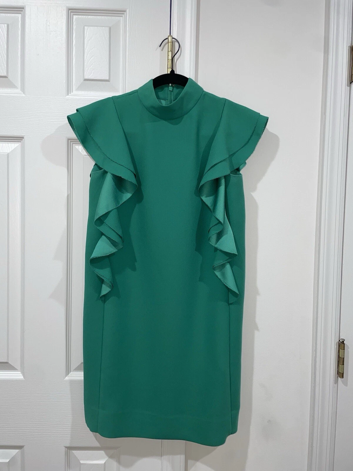 Abito a tubino Kate Spade verde smeraldo raso crepe manica svasata taglia 00 $398