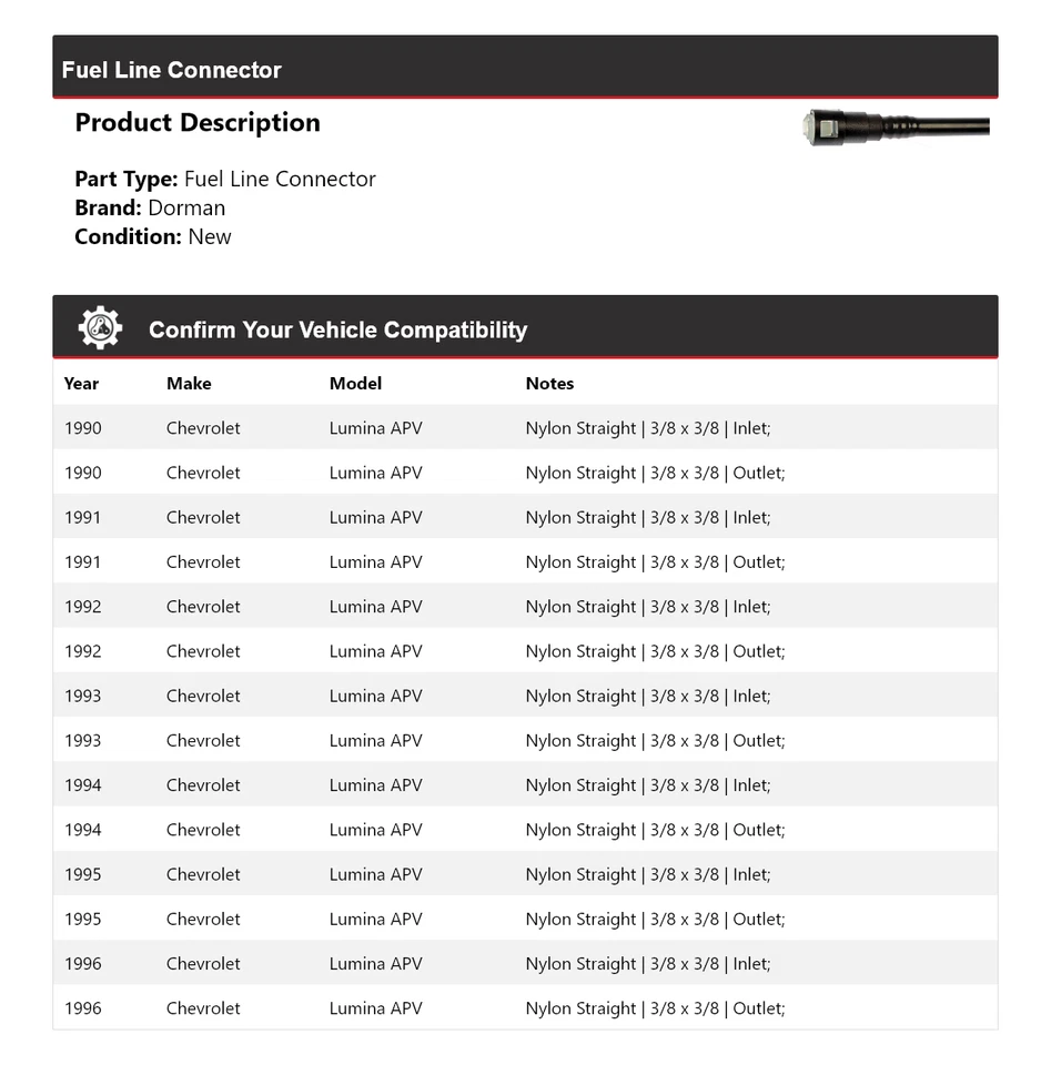 Conector de línea de combustible Dorman APV Chevrolet Lumina 1990-1996 1991 1992 1993 Foto 2 de 4