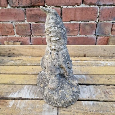 13 Inch Vintage Reclaimed Gnome Sitting Chilled On Mushroom Great Weathering - Image 1 of 4