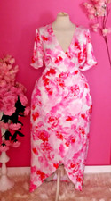 WOMEN PLUS SIZE SATIN FLORAL SHORT SLEEVE WRAP MIDI DRESS ( SIZE UK18 )