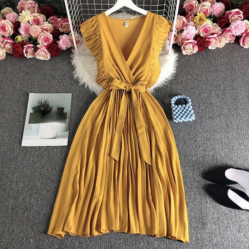 Robe Longue Midi Lemon Tree Sans Manches, Taille L, Plusieurs Niveaux, Couleur Jaune Moutarde