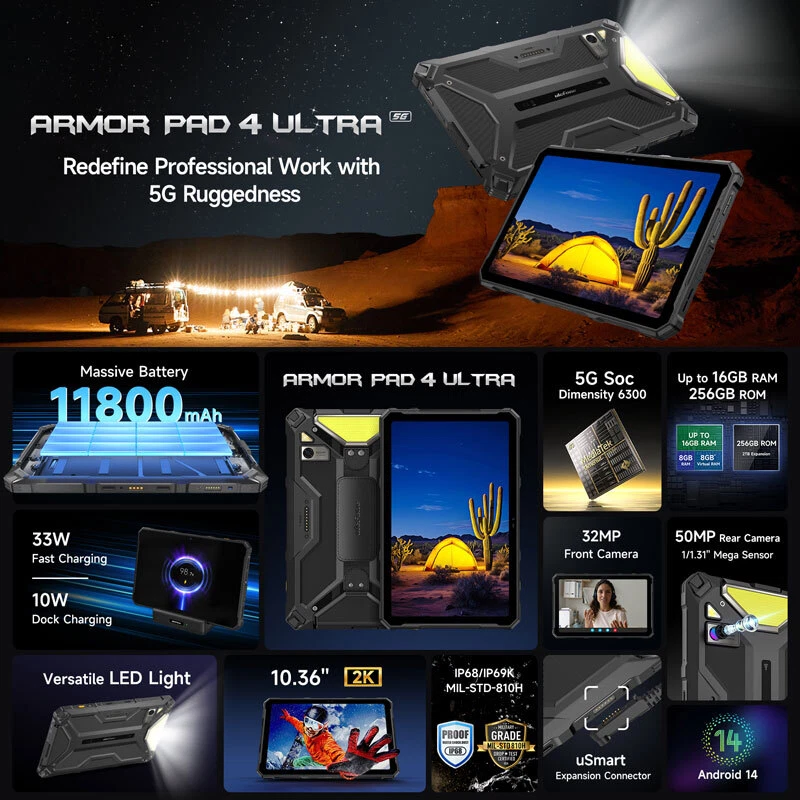 5G Ulefone Armor Pad 4 Ultra Rugged Tablet Android Phone Outdoors Camping Light - Image 2 of 4