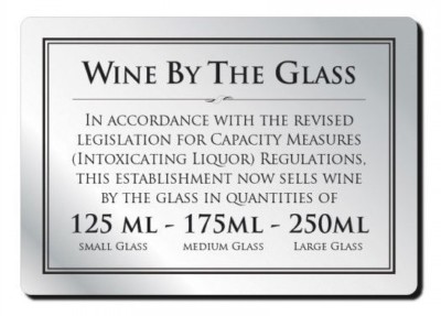 Wein im Glas 125/175/250ml Gesetz Schild Kneipe Bar Alkohol Lizenzbescheid